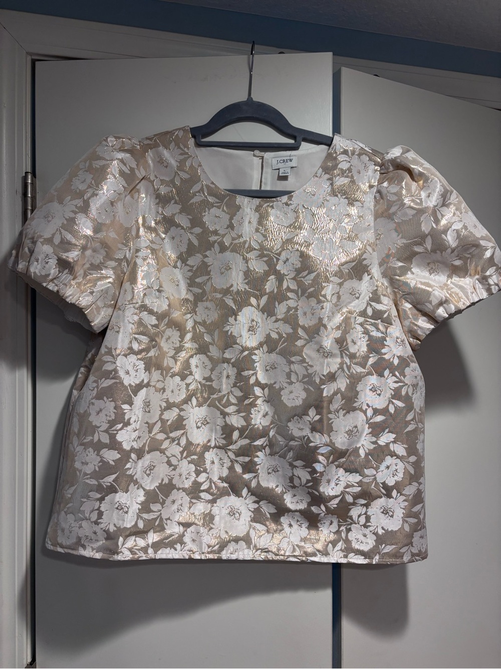 J. Crew Metallic Floral Puff-Sleeve Brocade Top in Champagne/Gold and White